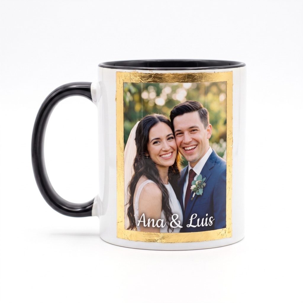 24K gold personalized mug: black rim and handle, a wedding photo with the couple's names in a hand-applied 24K gold leaf frame