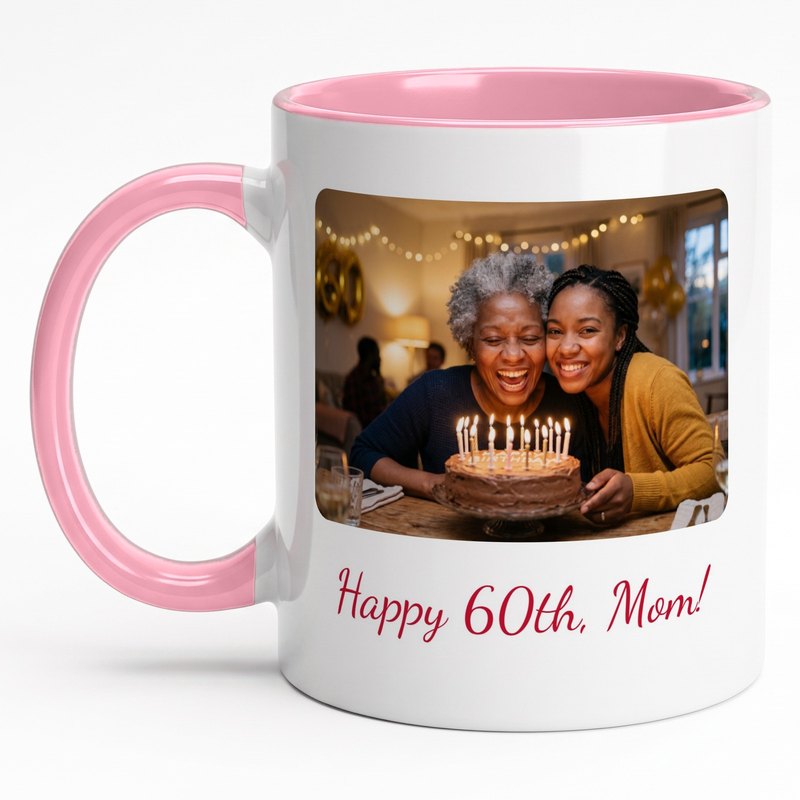 A pink-rim "Happy 60th, Mom!" mug with a mother blowing out her birthday candles beside her daughter