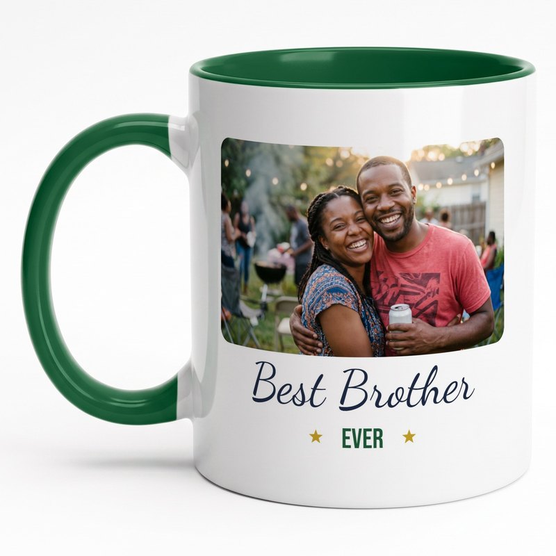 A forest-green-rim "Best Brother Ever" mug with a sister hugging her brother at a backyard cookout