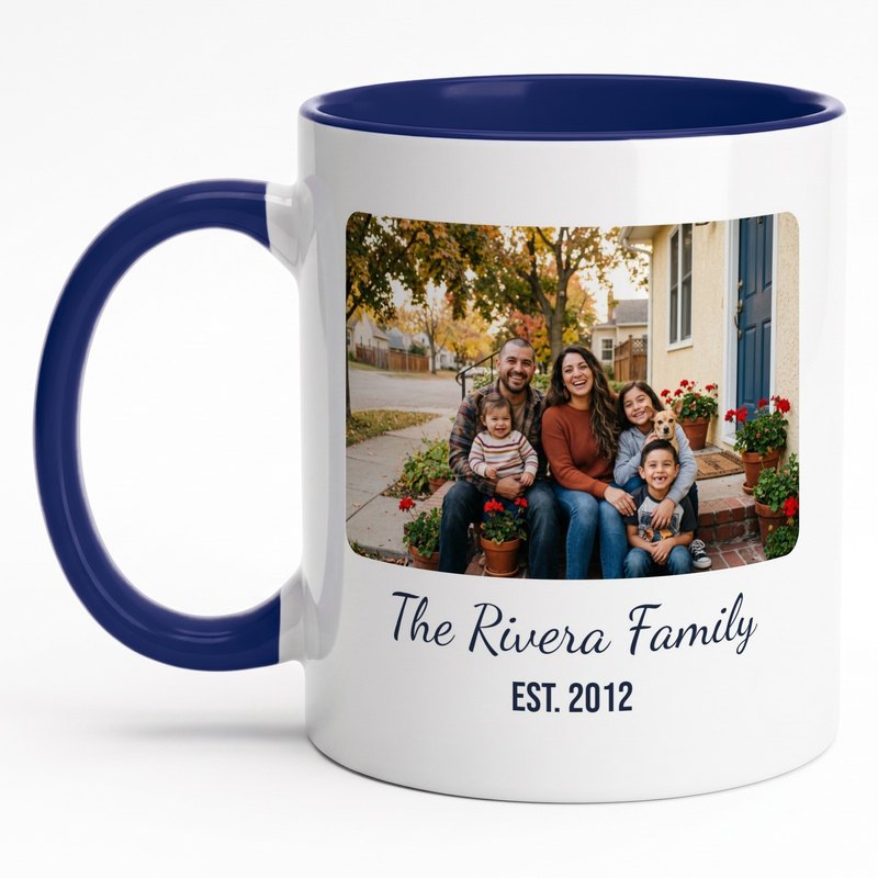 A navy-rim "The Rivera Family · Est. 2012" mug with a family and their chihuahua on their front steps