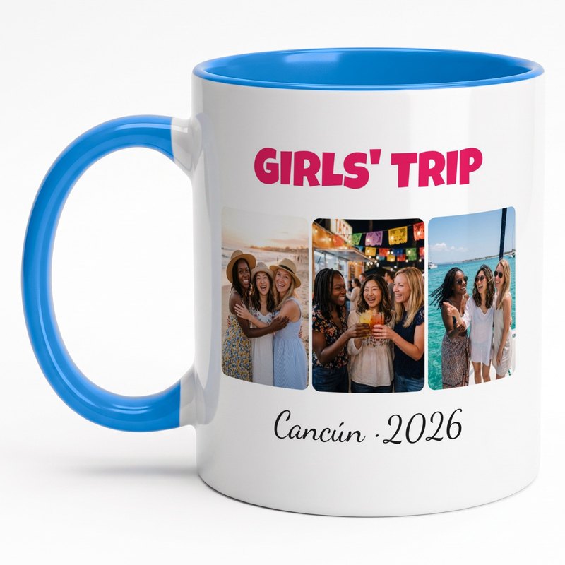 A light-blue-rim "Girls' Trip · Cancún 2026" mug with three friends at the beach, a taco stand and on a boat