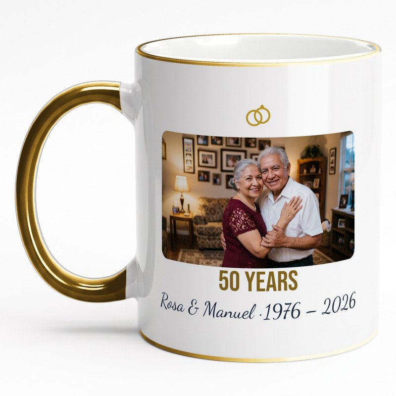 A gold-rim "50 years" mug with gold rings, a couple slow-dancing in their living room and "Rosa & Manuel · 1976 – 2026"