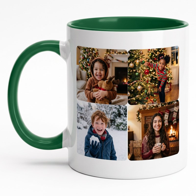 A forest-green-rim mug with four grandkids in four Christmas moments
