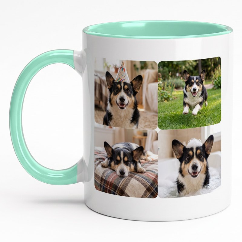 A mint-rim mug with four photos of one corgi