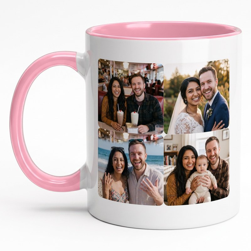 A pink-rim mug with four moments of one couple: first date, wedding, beach and their baby