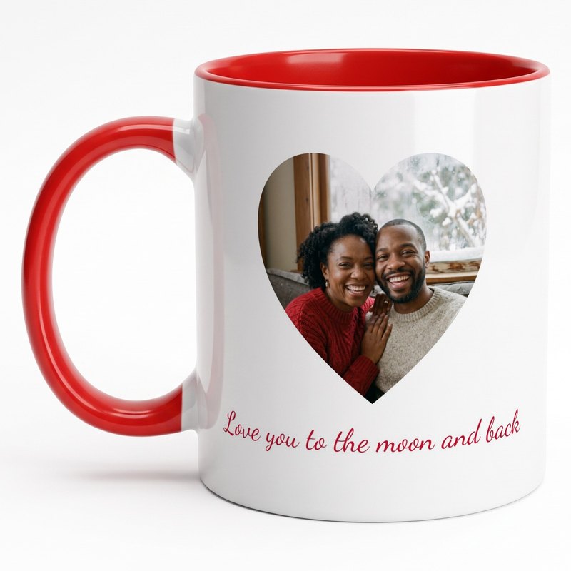 A red-rim mug with a couple in cozy sweaters inside a heart and "Love you to the moon and back"