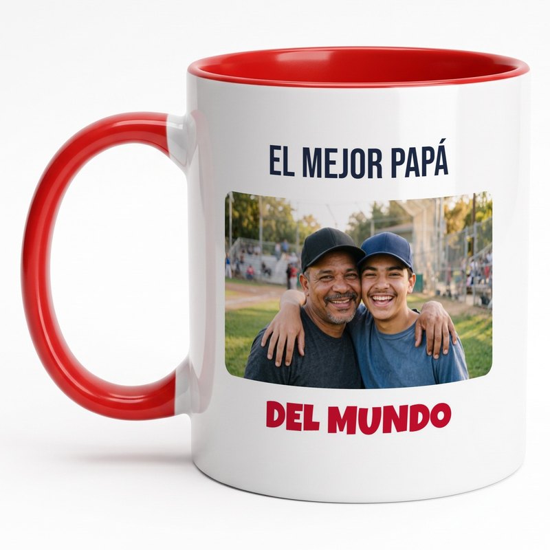 A red-rim "El mejor papá del mundo" mug with a father and his teenage son at a baseball field