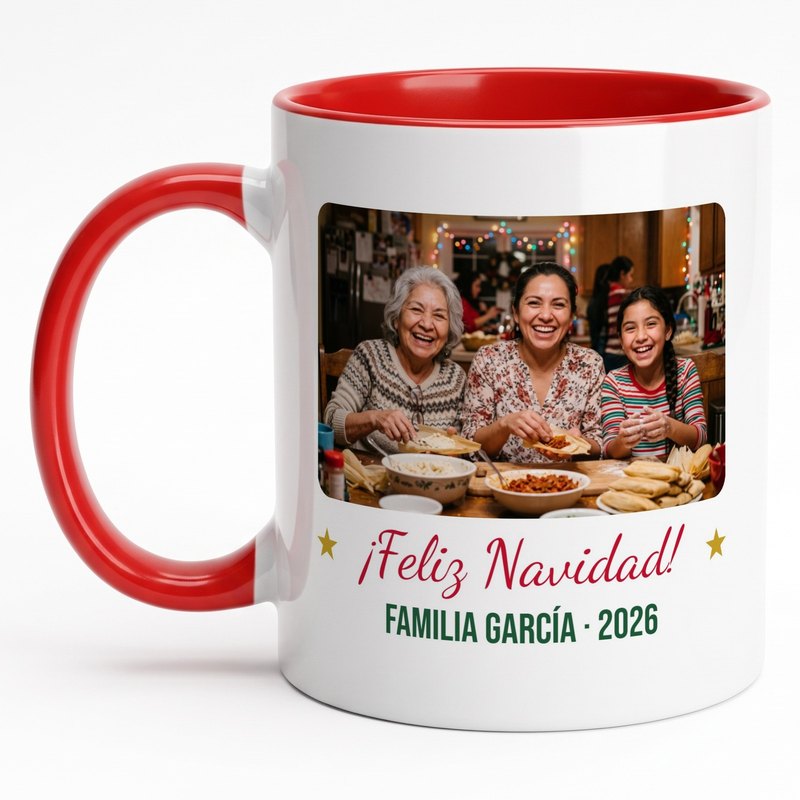 A red-rim "¡Feliz Navidad!" mug with three generations making tamales on Christmas Eve