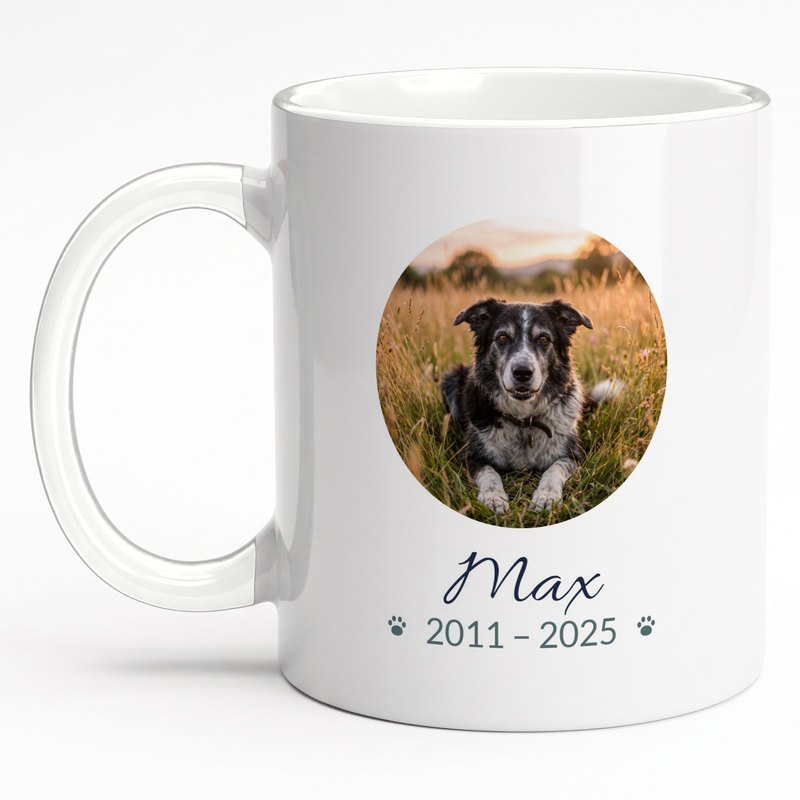 A white mug with a senior dog in a circle, "Max" and "2011 – 2025"