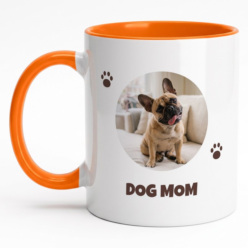 An orange-rim "Dog Mom" mug with a French bulldog in a circle and paw prints