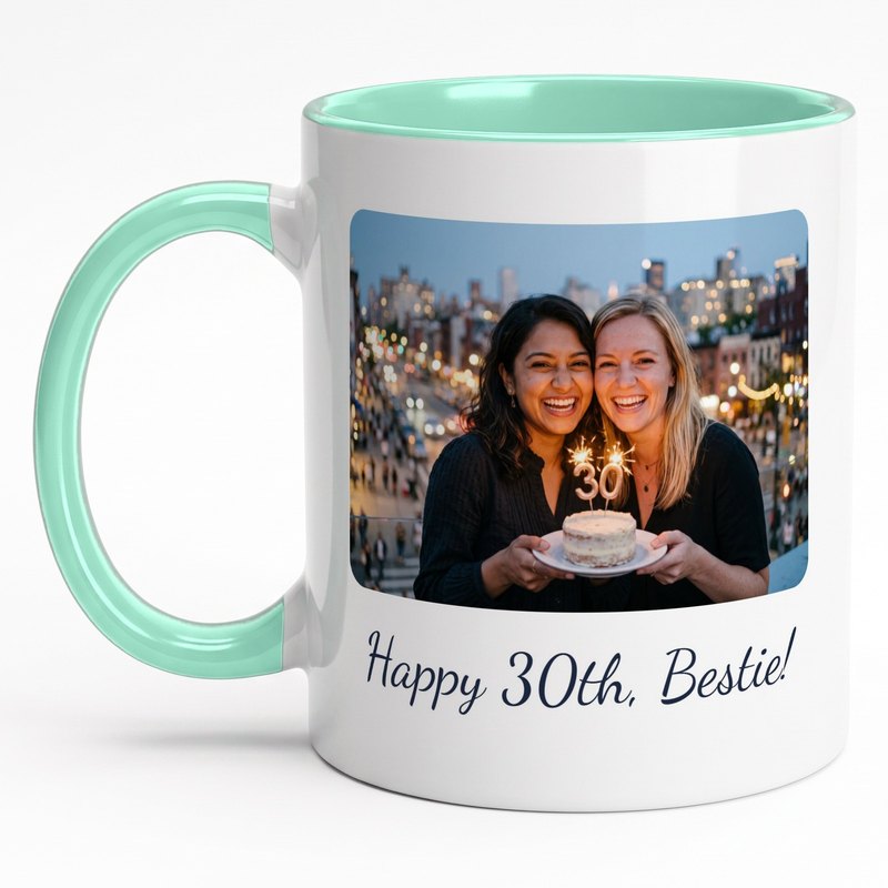 A mint-rim "Happy 30th, Bestie!" mug with two friends holding sparkler candles on a rooftop