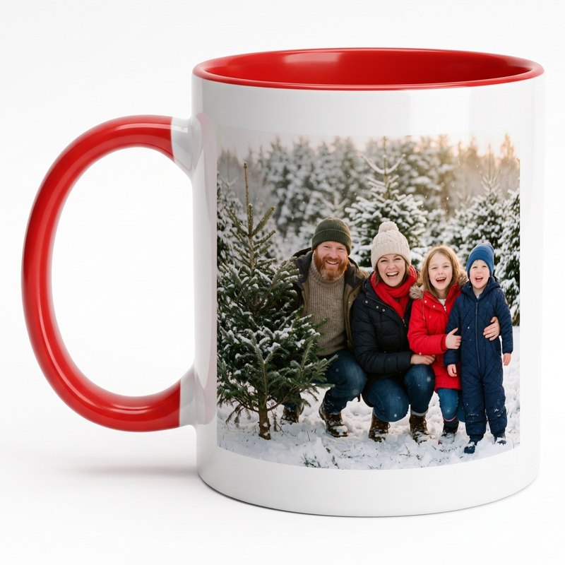 A red-rim mug printed with a family's photo at a snowy Christmas tree farm