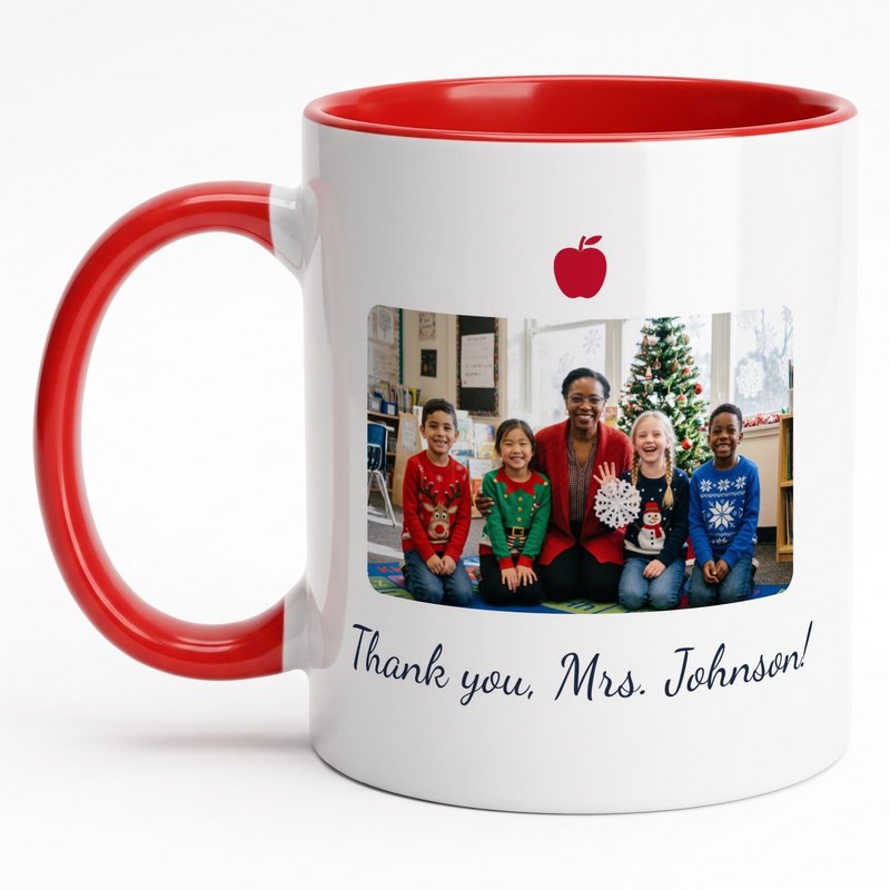 A red-rim "Thank you, Mrs. Johnson!" mug with a teacher and four students in holiday sweaters and an apple