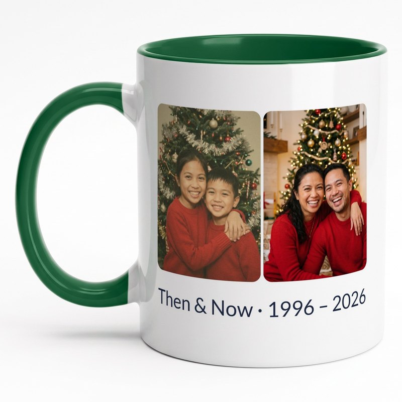 A forest-green-rim "Then & Now · 1996 – 2026" mug with a brother and sister by the tree as kids in a faded 1996 photo and as adults today