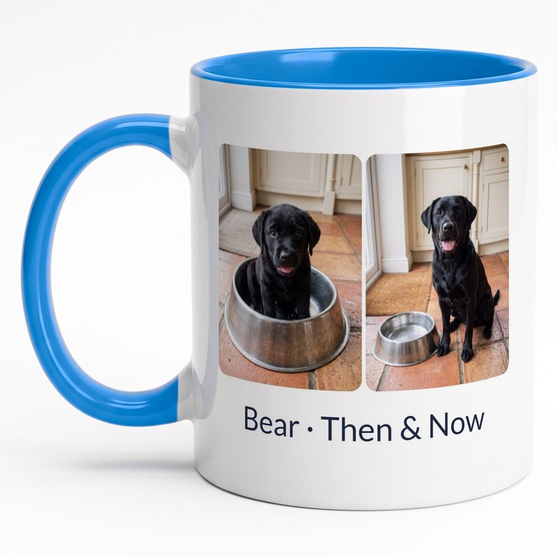 A light-blue-rim "Bear · Then & Now" mug with a black Lab as a puppy and grown up