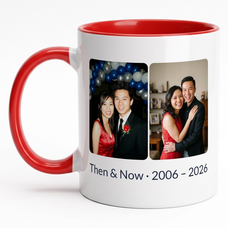 A red-rim "Then & Now · 2006 – 2026" mug with a couple's prom photo at 17 and the same couple today