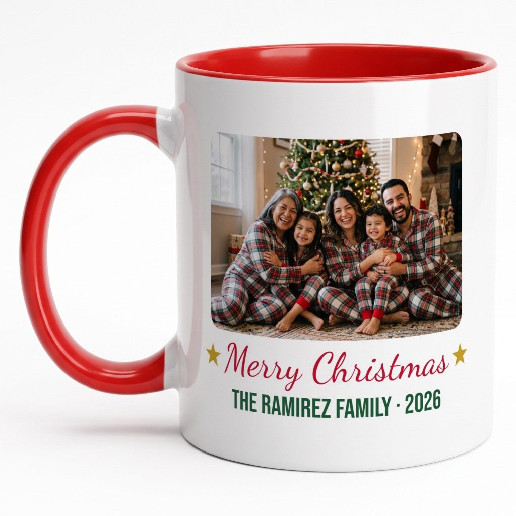 Personalized photo mug with a red rim and handle: a family in matching plaid pajamas by the Christmas tree and “Merry Christmas · The Ramirez Family · 2026”